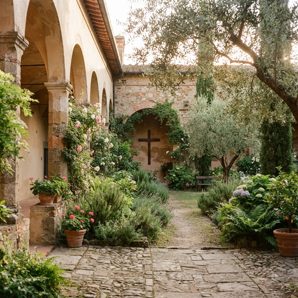 Cour paisible du monastère avec une croix de bois et de la verdure