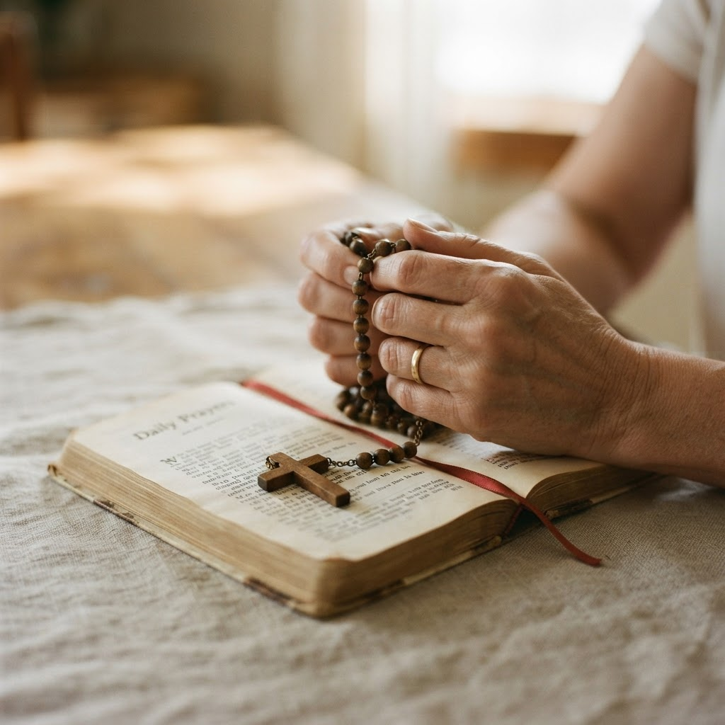 Mains tenant un chapelet et un livre de prière